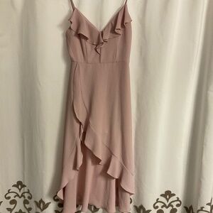 Simple yet elegant blush pink ruffle front slit midi dress